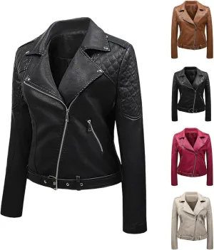 Women's Faux Leather Jacket Lapel Slim Fit Jackets Bomber Motorcycle Coat Ladies Zip Up Pockets Moto Biker Overcoat