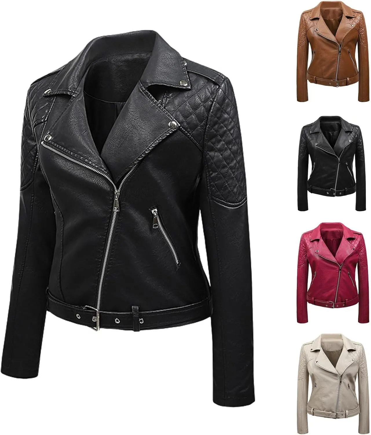 Women's Faux Leather Jacket Lapel Slim Fit Jackets Bomber Motorcycle Coat Ladies Zip Up Pockets Moto Biker Overcoat