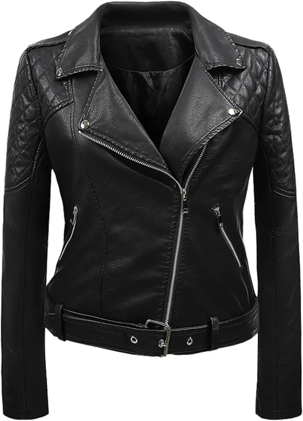 Women's Faux Leather Jacket Lapel Slim Fit Jackets Bomber Motorcycle Coat Ladies Zip Up Pockets Moto Biker Overcoat