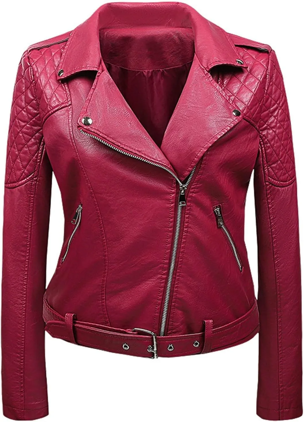 Women's Faux Leather Jacket Lapel Slim Fit Jackets Bomber Motorcycle Coat Ladies Zip Up Pockets Moto Biker Overcoat