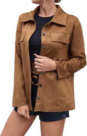 Womens Faux Suede Shacket Jacket Casual Single-Breasted Shirt Jacket Vintage Loose Fit Cropped Faux Leather Coats