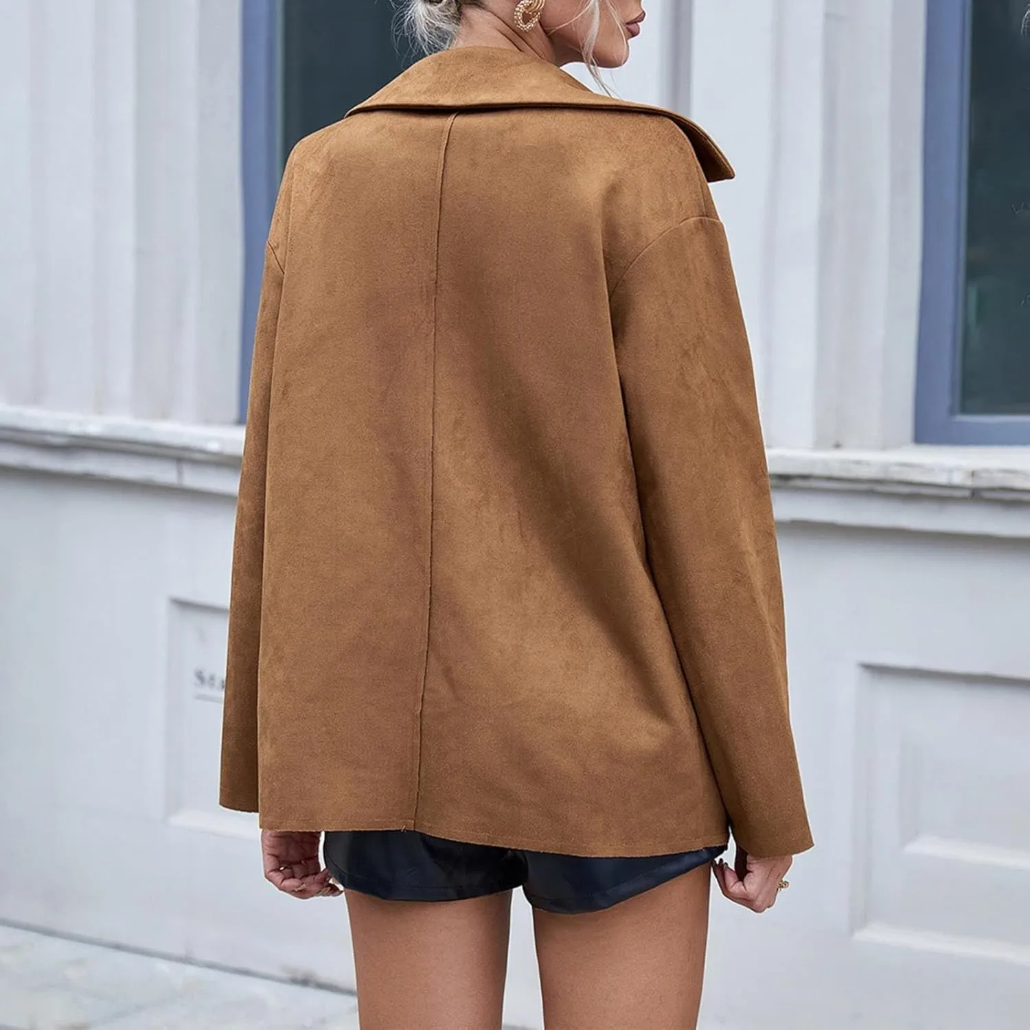 Womens Faux Suede Shacket Jacket Casual Single-Breasted Shirt Jacket Vintage Loose Fit Cropped Faux Leather Coats