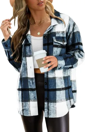 Womens Flannel Plaid Shirt Shacket Jacket Fleece Lapel Long Sleeve Button Down Jacket Coats Cardigans with Pockets