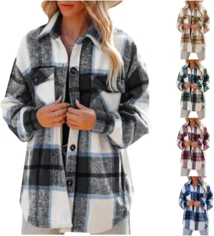 Womens Flannel Shacket Boyfriend Plaid Button Down Jacket Casual Long Sleeve Shirts