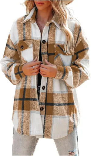 Womens Flannel Shacket Boyfriend Plaid Button Down Jacket Casual Long Sleeve Shirts