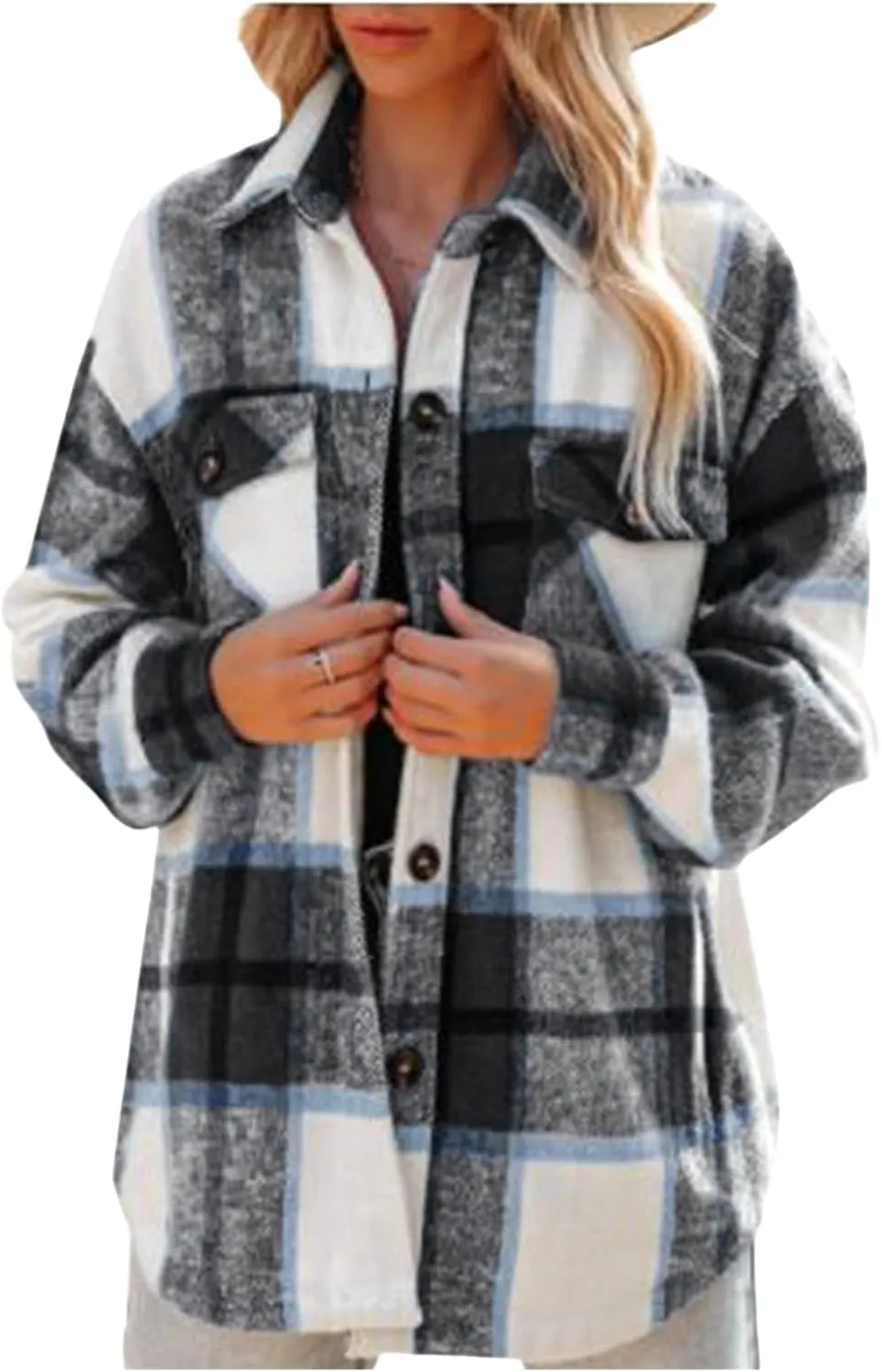 Womens Flannel Shacket Boyfriend Plaid Button Down Jacket Casual Long Sleeve Shirts