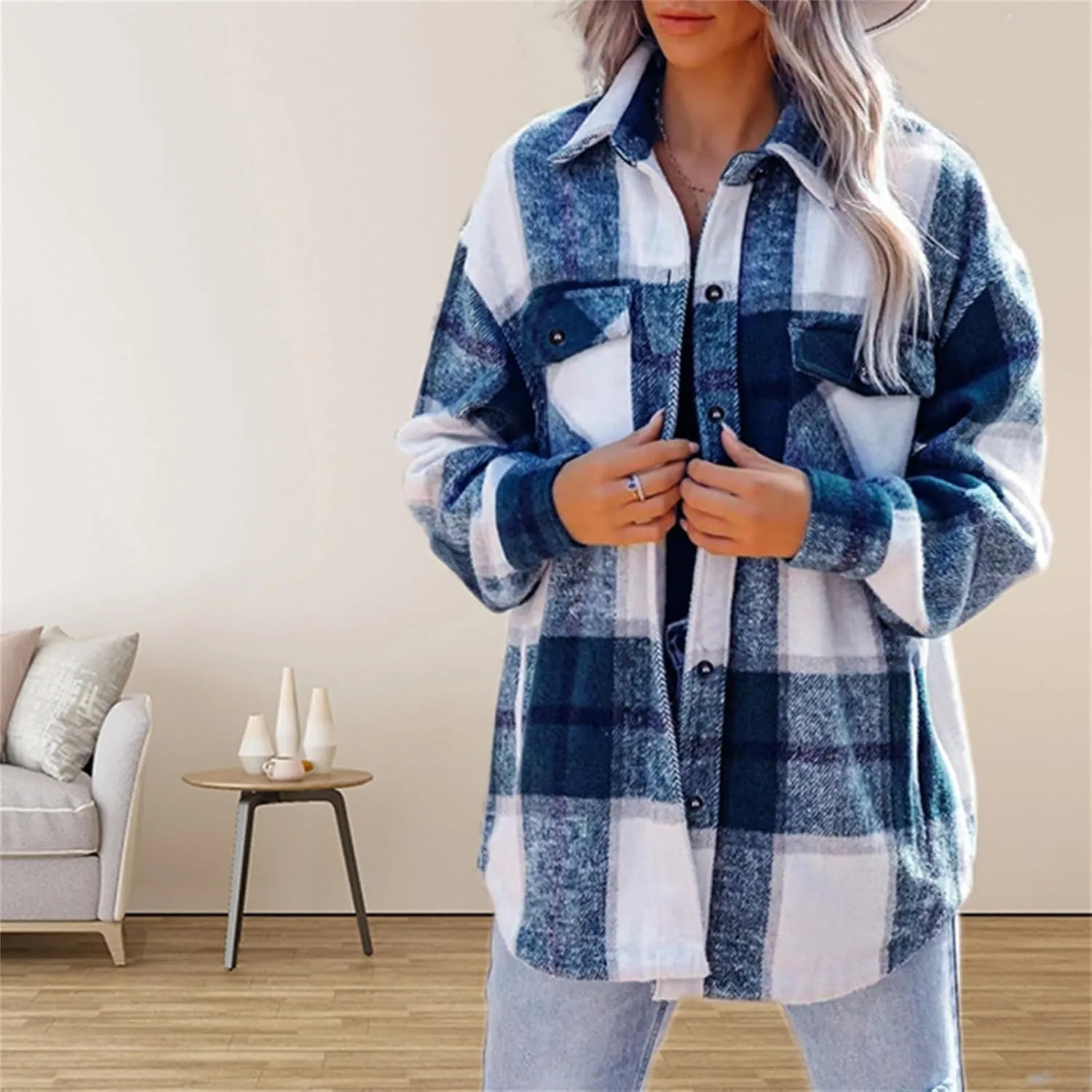 Womens Flannel Shacket Boyfriend Plaid Button Down Jacket Casual Long Sleeve Shirts