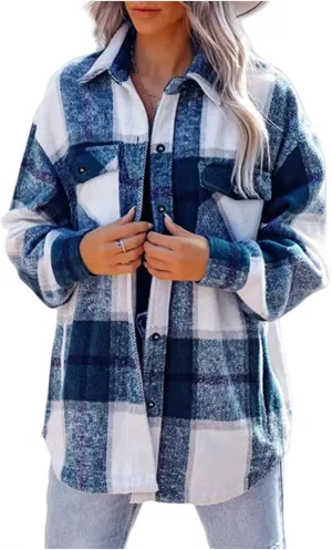 Womens Flannel Shacket Boyfriend Plaid Button Down Jacket Casual Long Sleeve Shirts