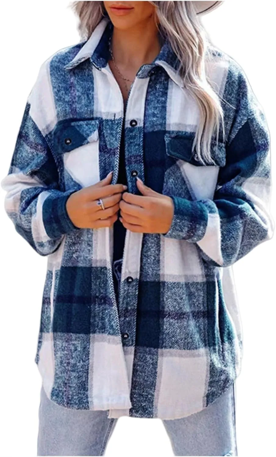 Womens Flannel Shacket Boyfriend Plaid Button Down Jacket Casual Long Sleeve Shirts