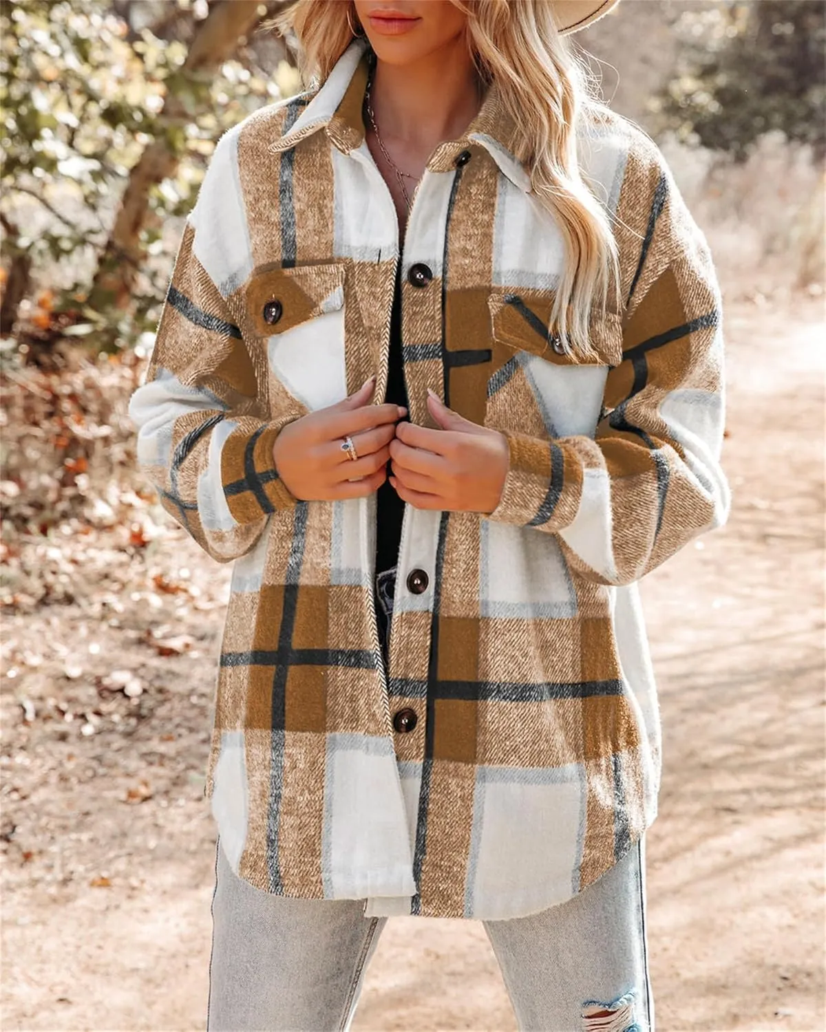 Womens Flannel Shacket Boyfriend Plaid Button Down Jacket Casual Long Sleeve Shirts