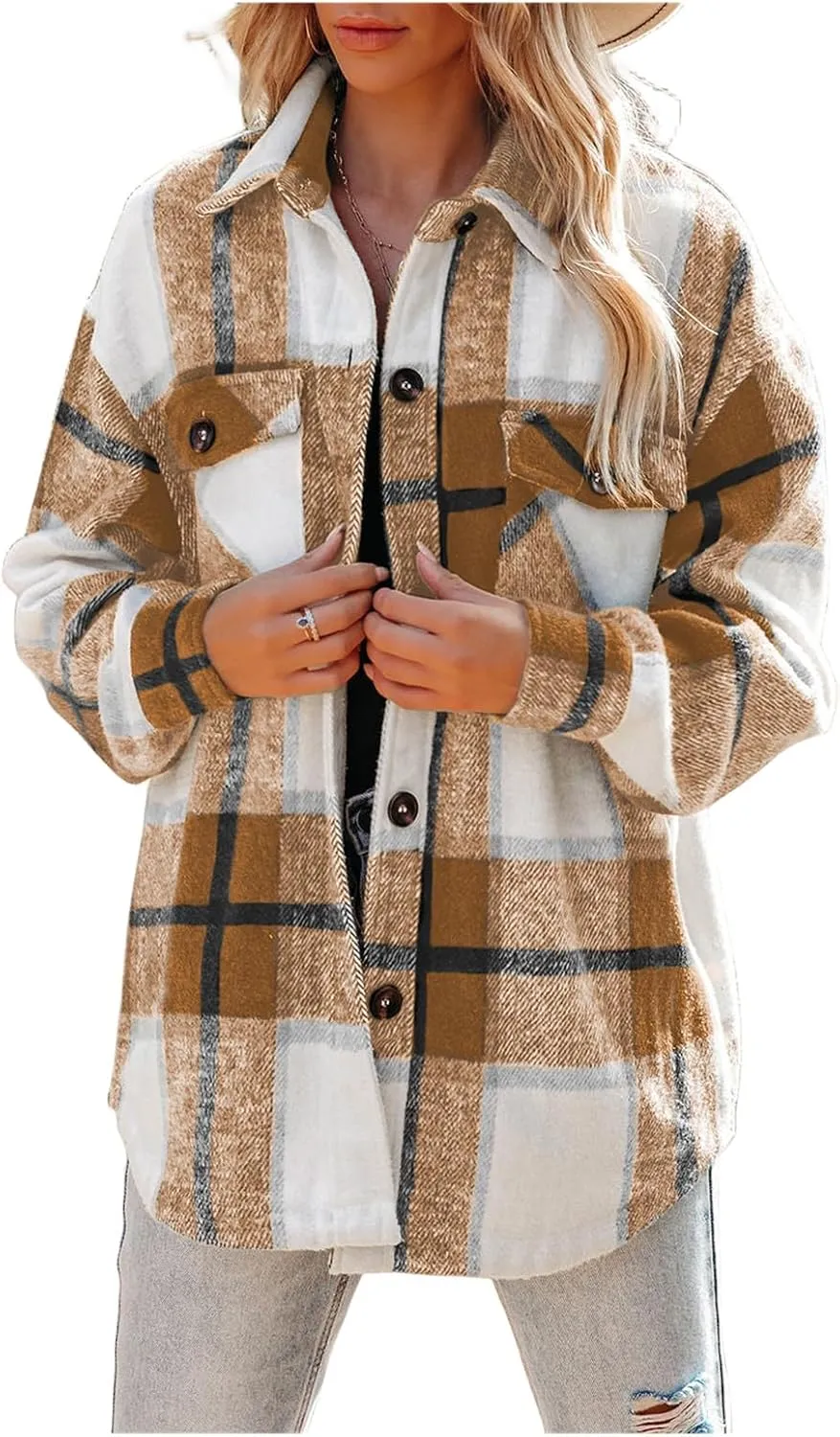 Womens Flannel Shacket Boyfriend Plaid Button Down Jacket Casual Long Sleeve Shirts