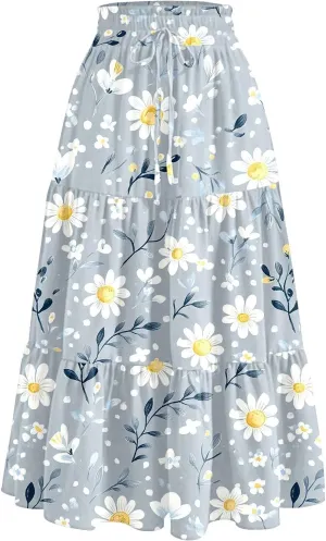 Women's Floral Boho Summer Spring Long Elastic High Waist Printed A Line Flowy Casual Flared Maxi Skirts with Pockets