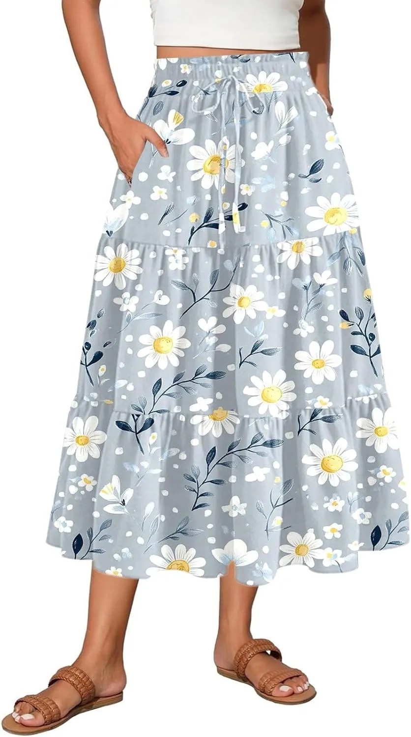Women's Floral Boho Summer Spring Long Elastic High Waist Printed A Line Flowy Casual Flared Maxi Skirts with Pockets