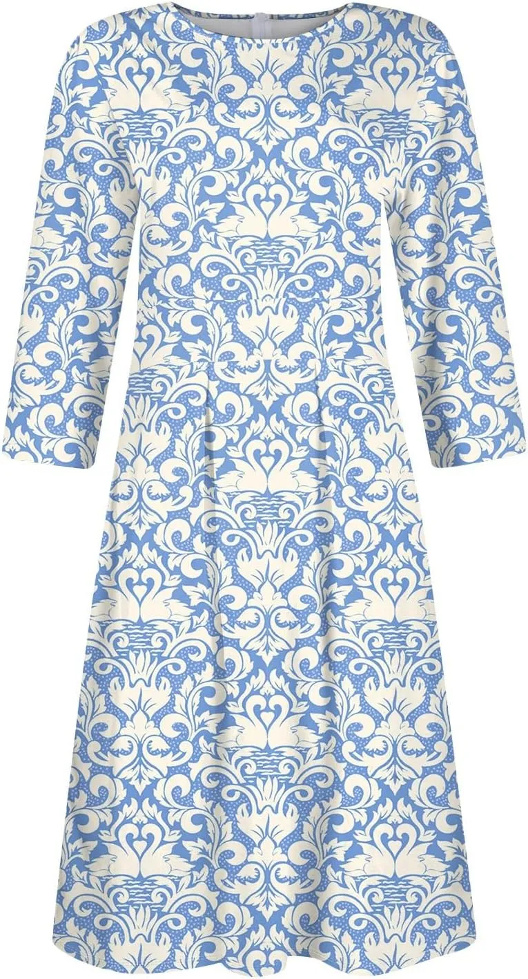 Women's Floral Print A-Line Midi Dress with 3/4 Sleeves Elegant Casual Wear for Spring and Summer Outings