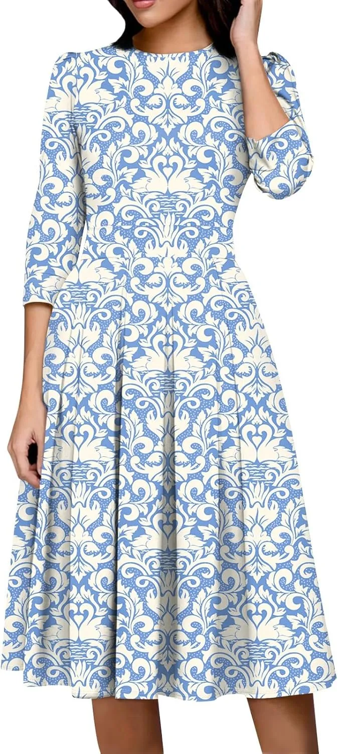 Women's Floral Print A-Line Midi Dress with 3/4 Sleeves Elegant Casual Wear for Spring and Summer Outings