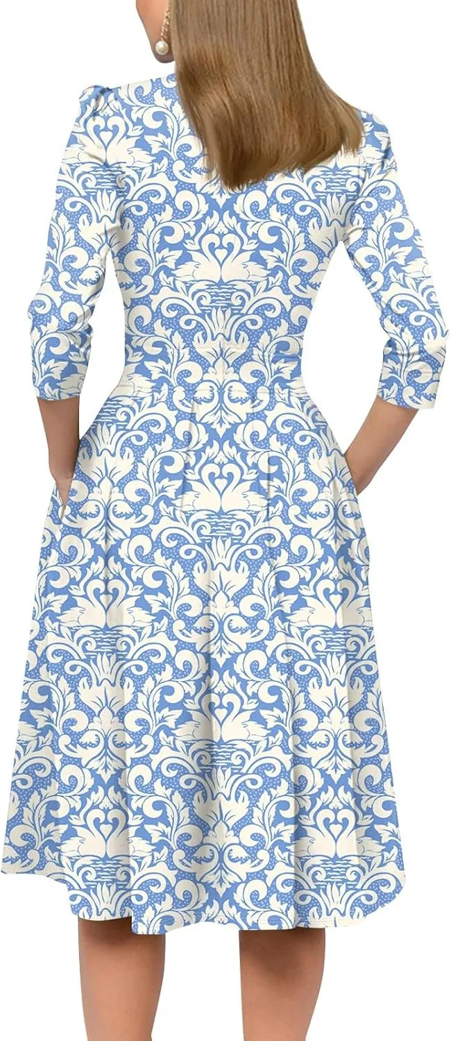 Women's Floral Print A-Line Midi Dress with 3/4 Sleeves Elegant Casual Wear for Spring and Summer Outings