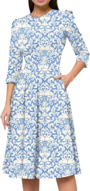 Women's Floral Print A-Line Midi Dress with 3/4 Sleeves Elegant Casual Wear for Spring and Summer Outings