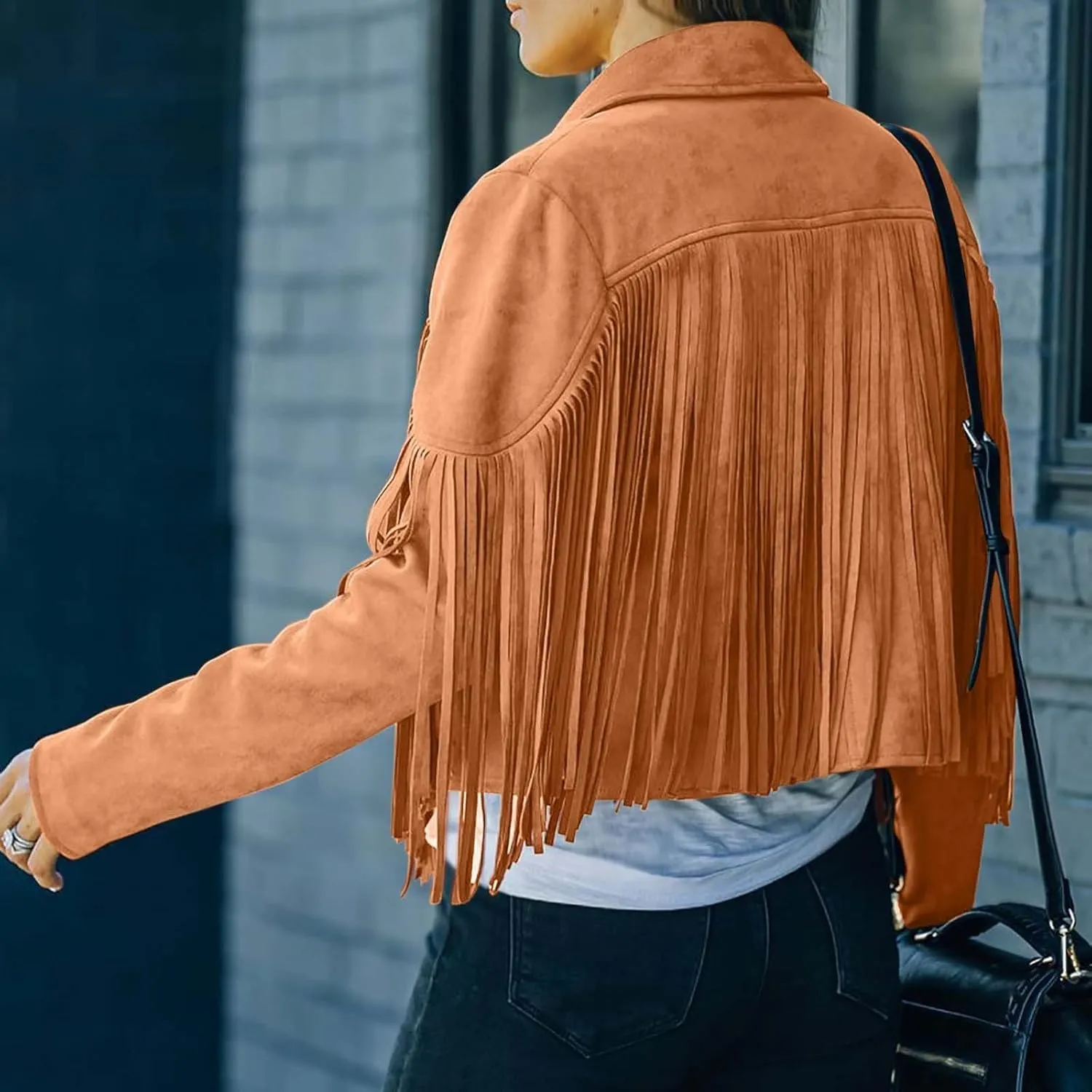 Women's Fringe Jackets Suede Tassel Jacket Crop Moto Biker Jackets Open Front Tassel Coat Western Cowgitl Outfits