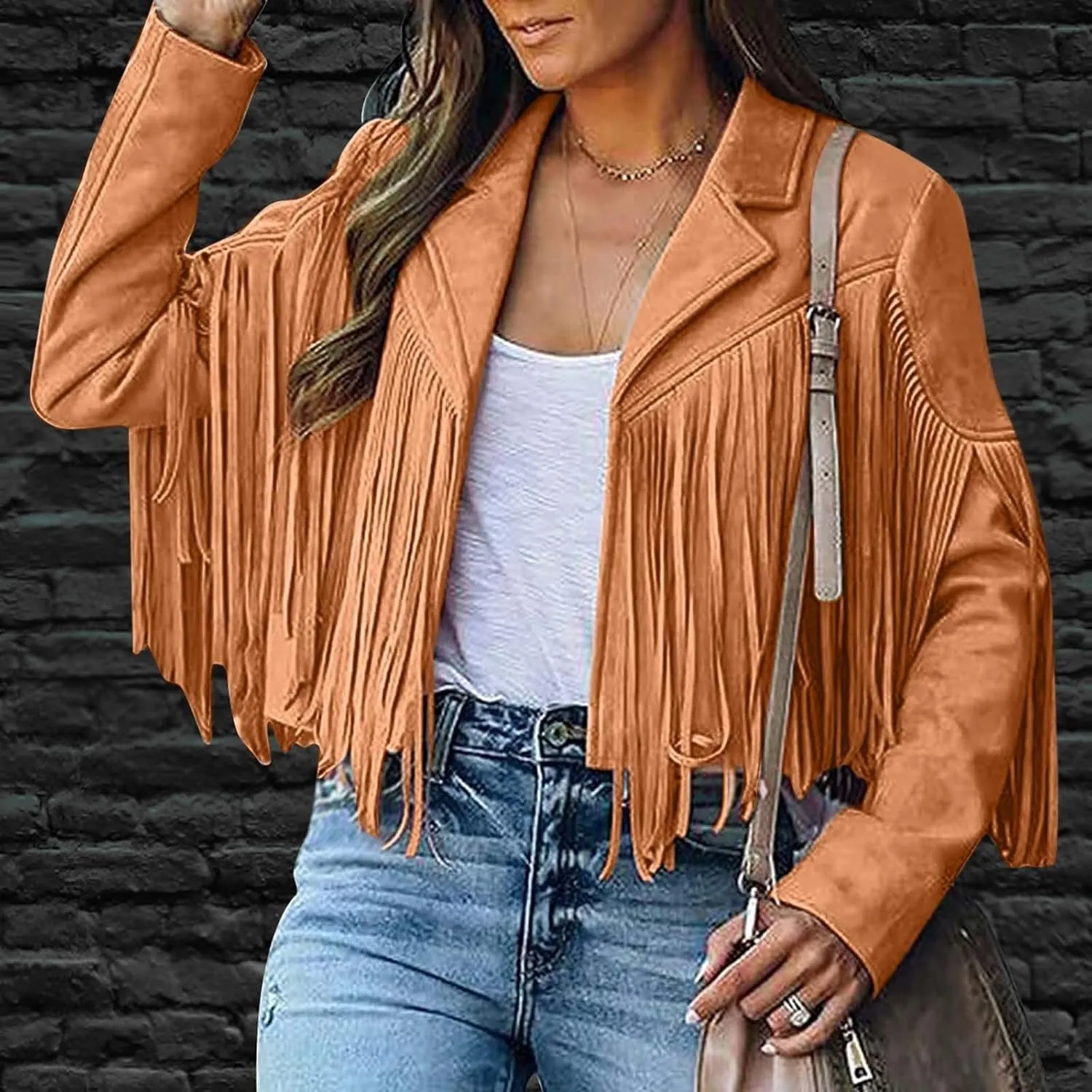Women's Fringe Jackets Suede Tassel Jacket Crop Moto Biker Jackets Open Front Tassel Coat Western Cowgitl Outfits
