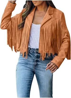 Women's Fringe Jackets Suede Tassel Jacket Crop Moto Biker Jackets Open Front Tassel Coat Western Cowgitl Outfits