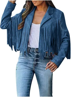 Women's Fringe Jackets Suede Tassel Jacket Crop Moto Biker Jackets Open Front Tassel Coat Western Cowgitl Outfits