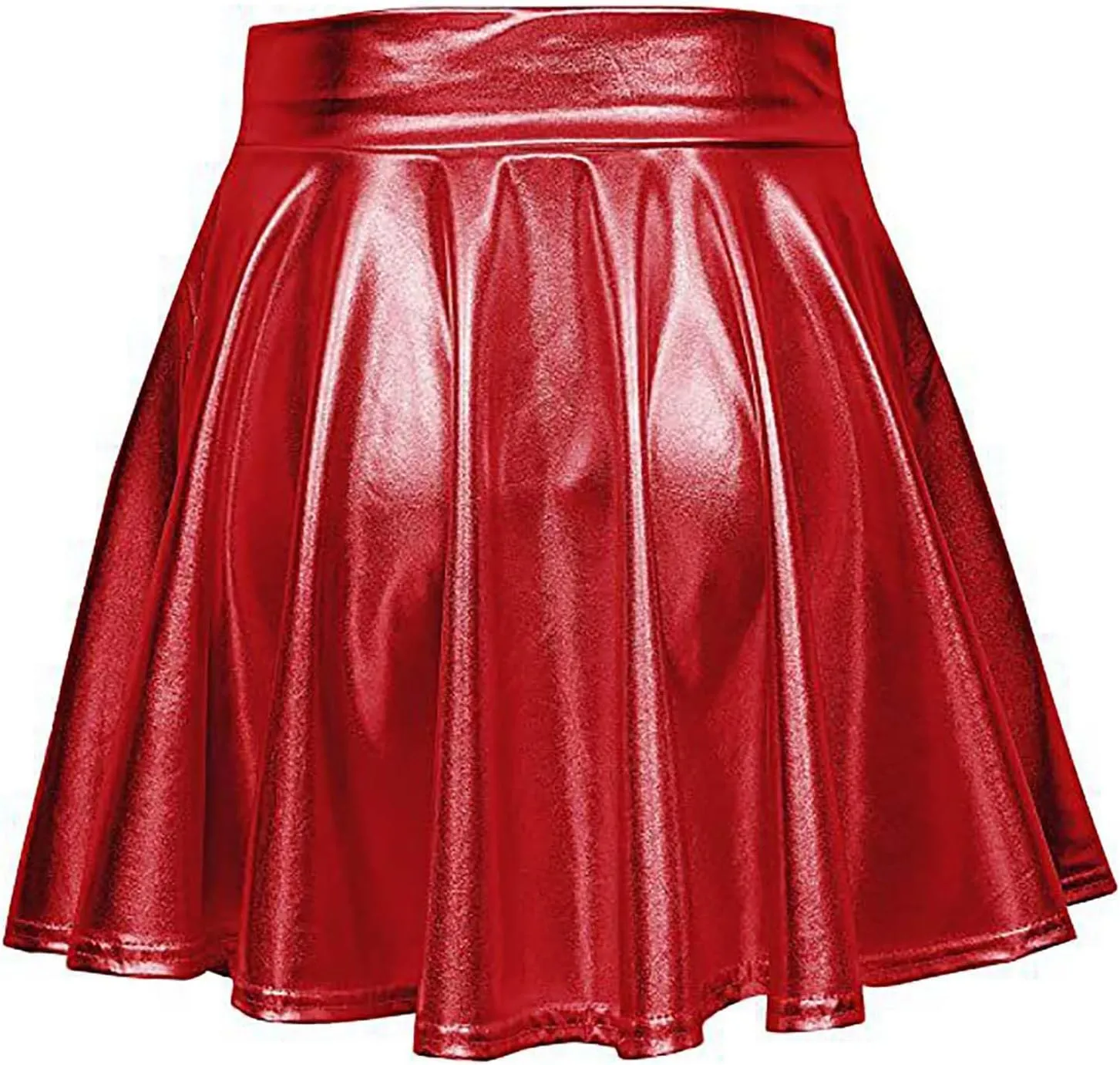 Women's Glossy PVC Leather Flared Skirt Shiny Glitter Holographic A Line Mini Skirts Nightclub Rave Pleated PU Skirt