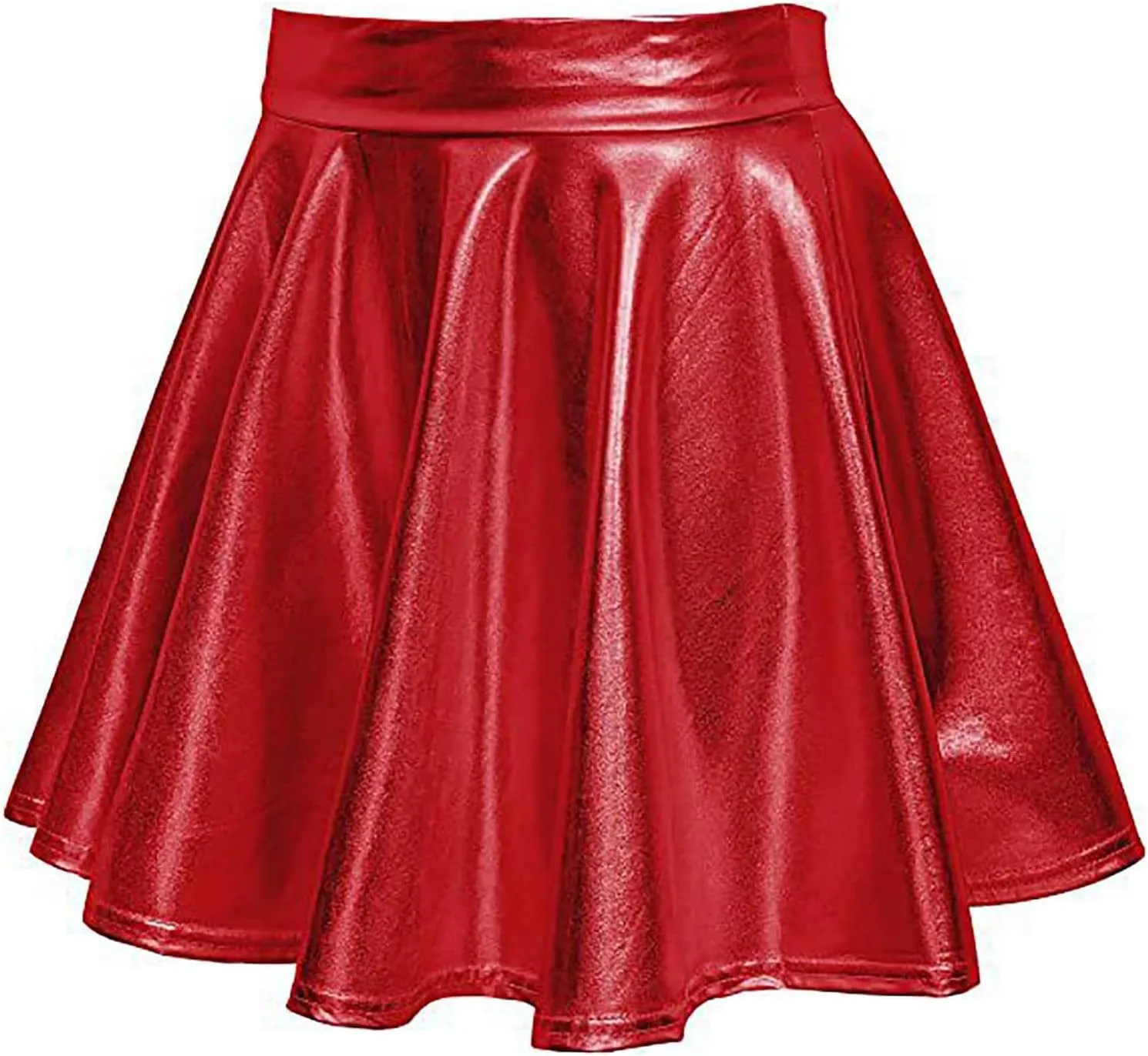 Women's Glossy PVC Leather Flared Skirt Shiny Glitter Holographic A Line Mini Skirts Nightclub Rave Pleated PU Skirt