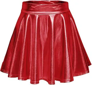 Women's Glossy PVC Leather Flared Skirt Shiny Glitter Holographic A Line Mini Skirts Nightclub Rave Pleated PU Skirt
