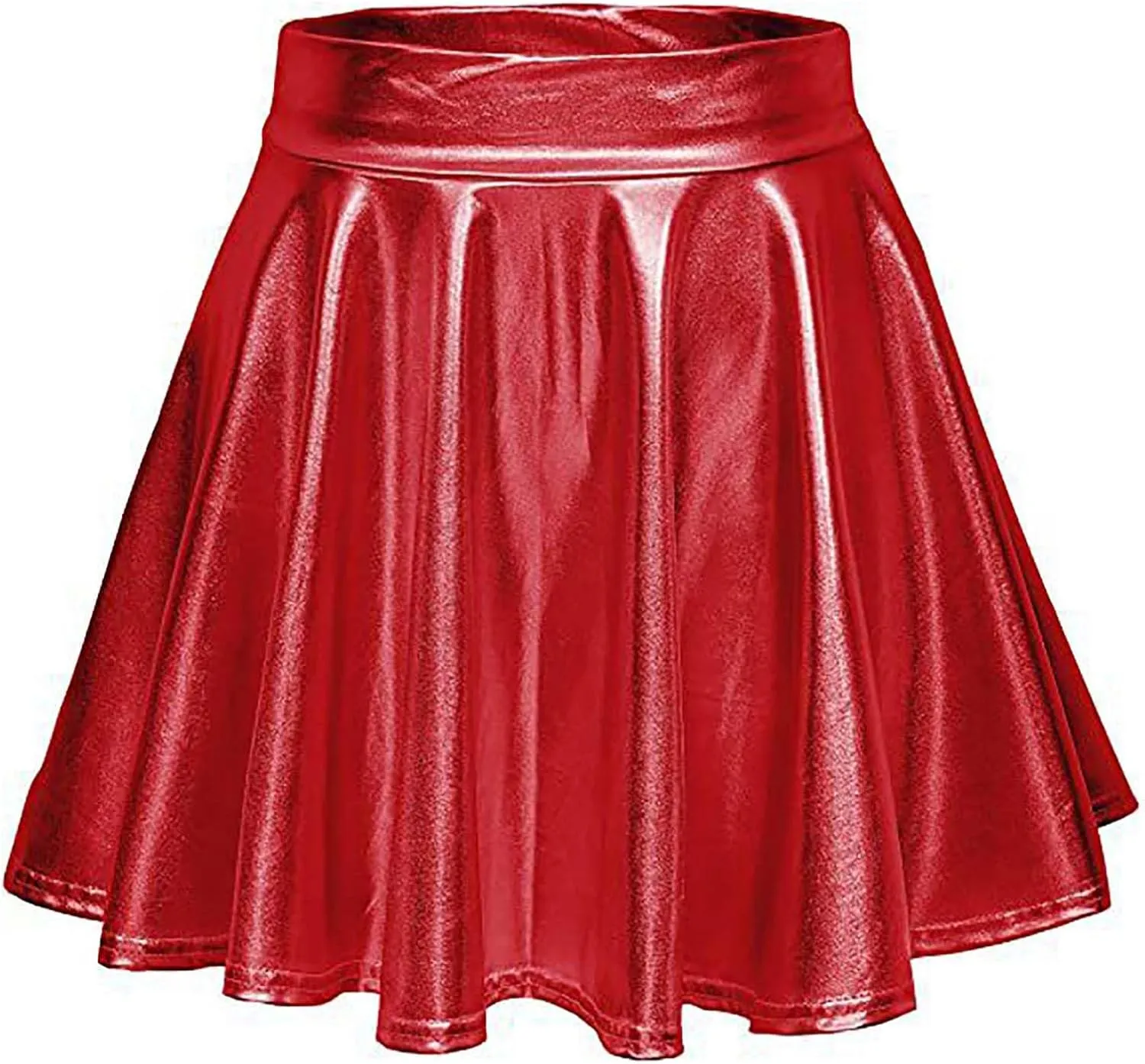 Women's Glossy PVC Leather Flared Skirt Shiny Glitter Holographic A Line Mini Skirts Nightclub Rave Pleated PU Skirt