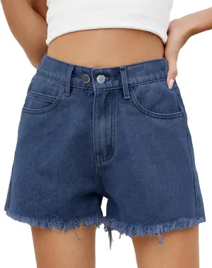 Women's High Waist Jean Shorts Casual Frayed Raw Hem Denim Shorts Elastic Waist with Buttons Summer Juniors Shorts Dark Blue XL