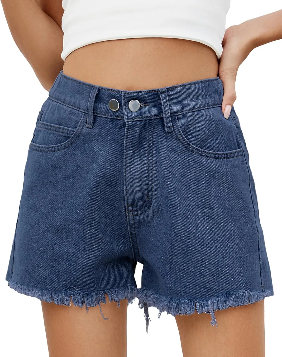 Women's High Waist Jean Shorts Casual Frayed Raw Hem Denim Shorts Elastic Waist with Buttons Summer Juniors Shorts Dark Blue XL