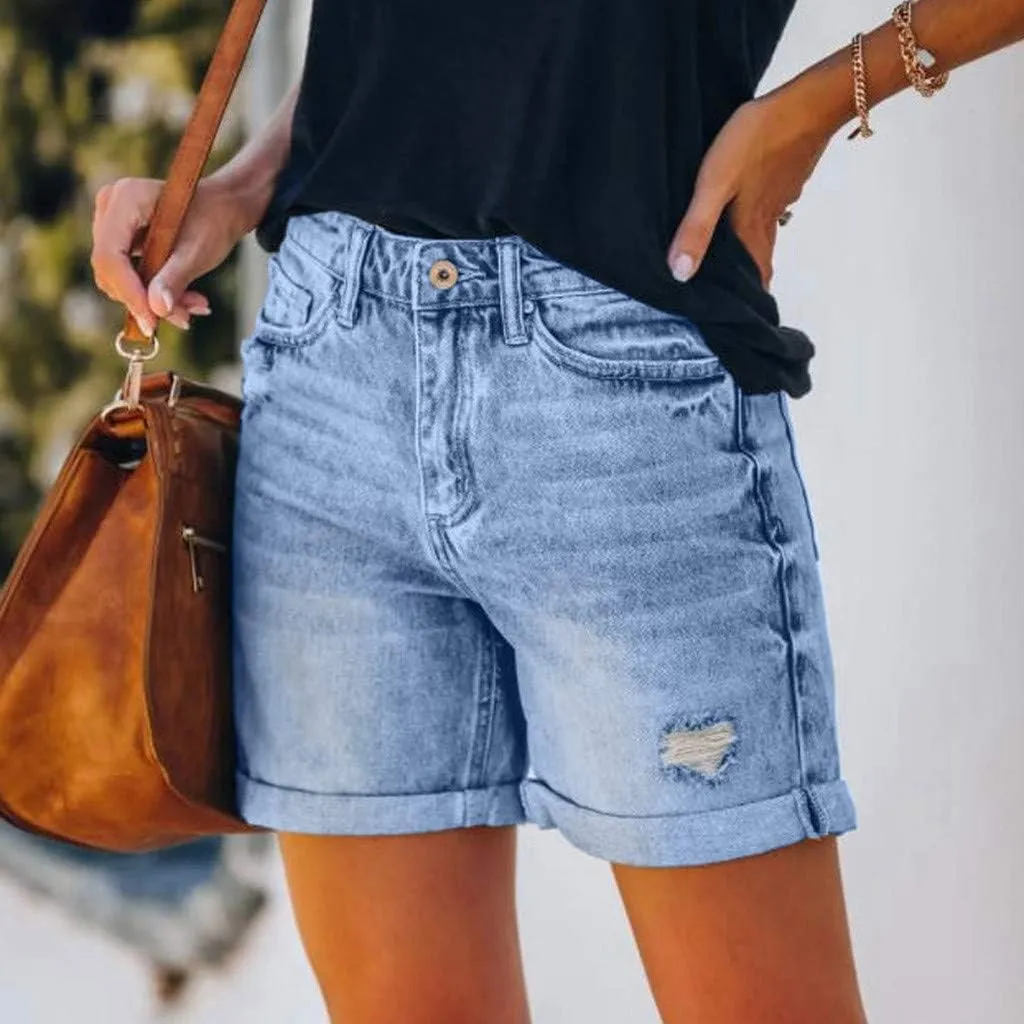 Women's High Waisted Denim Shorts Ripped Distressed Stretchy Casual Jean Shorts Raw Hem Summer Hot Shorts with Pockets