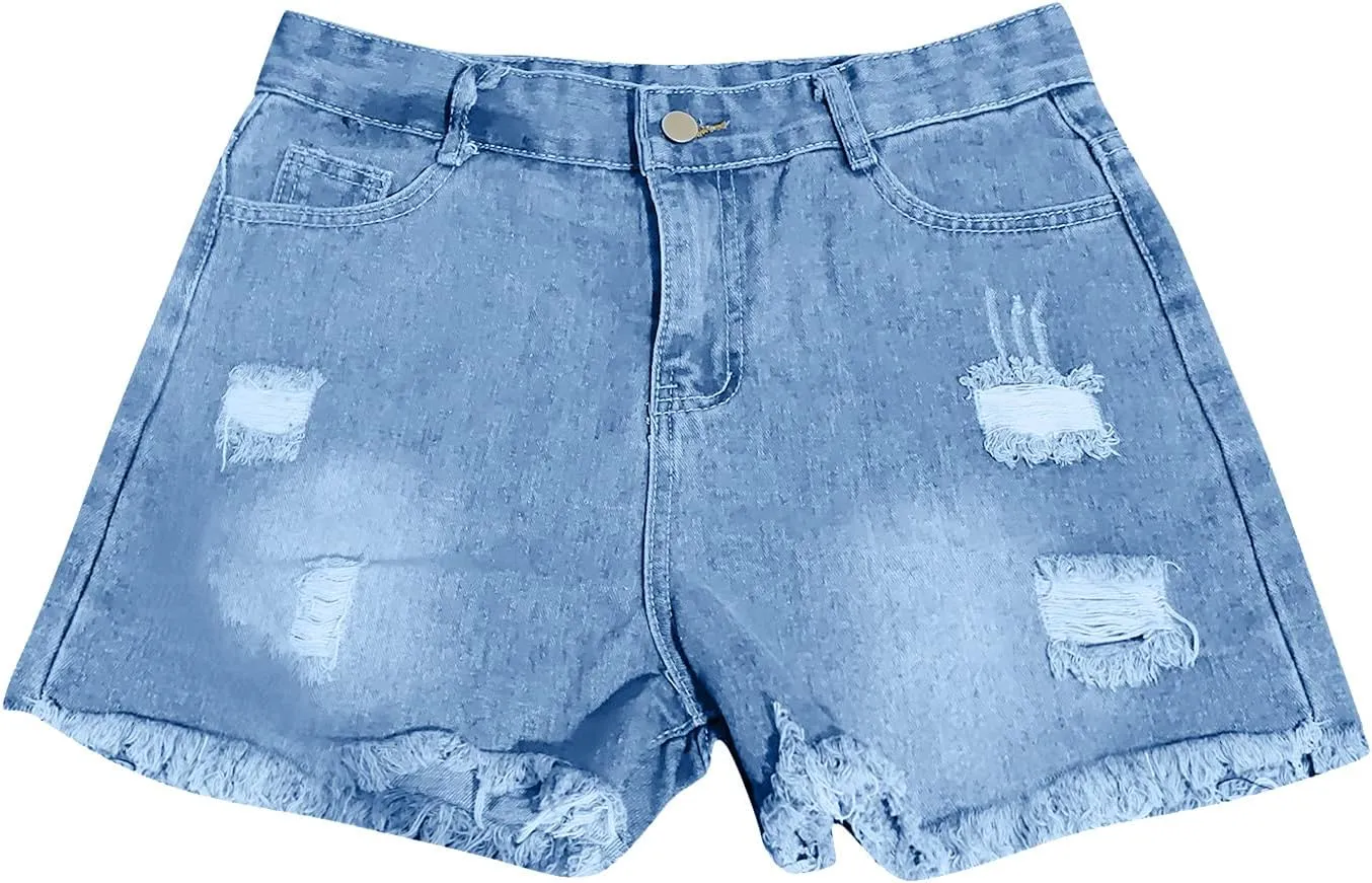 Women's High Waisted Denim Shorts Ripped Distressed Stretchy Casual Jean Shorts Raw Hem Summer Hot Shorts with Pockets