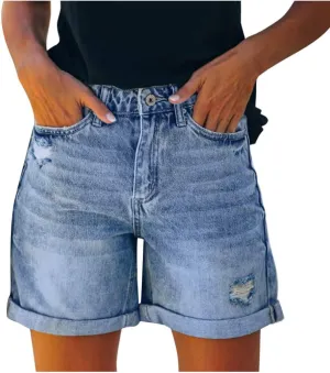 Women's High Waisted Denim Shorts Ripped Distressed Stretchy Casual Jean Shorts Raw Hem Summer Hot Shorts with Pockets
