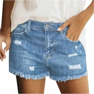 Women's High Waisted Denim Shorts Ripped Distressed Stretchy Casual Jean Shorts Raw Hem Summer Hot Shorts with Pockets