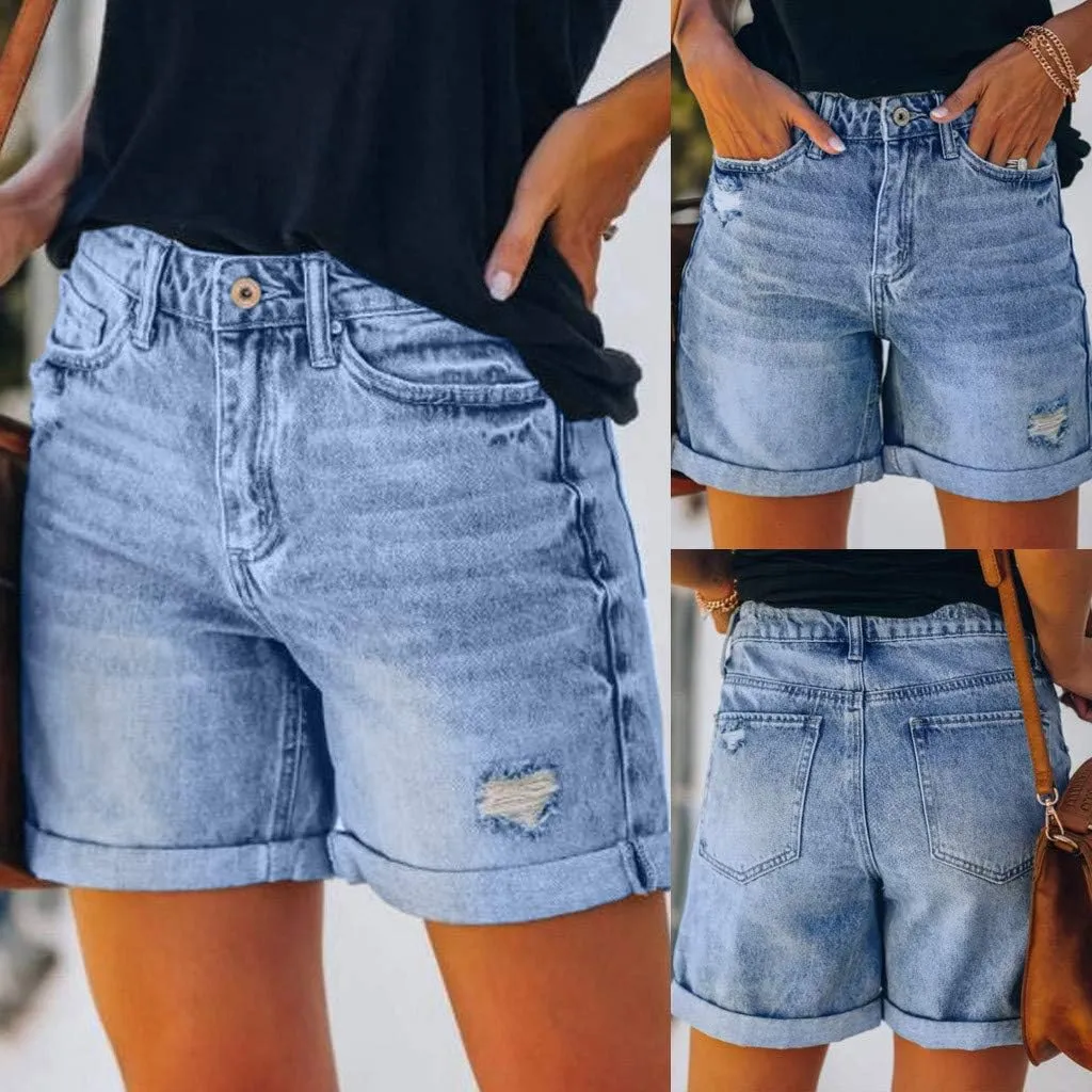 Women's High Waisted Denim Shorts Ripped Distressed Stretchy Casual Jean Shorts Raw Hem Summer Hot Shorts with Pockets