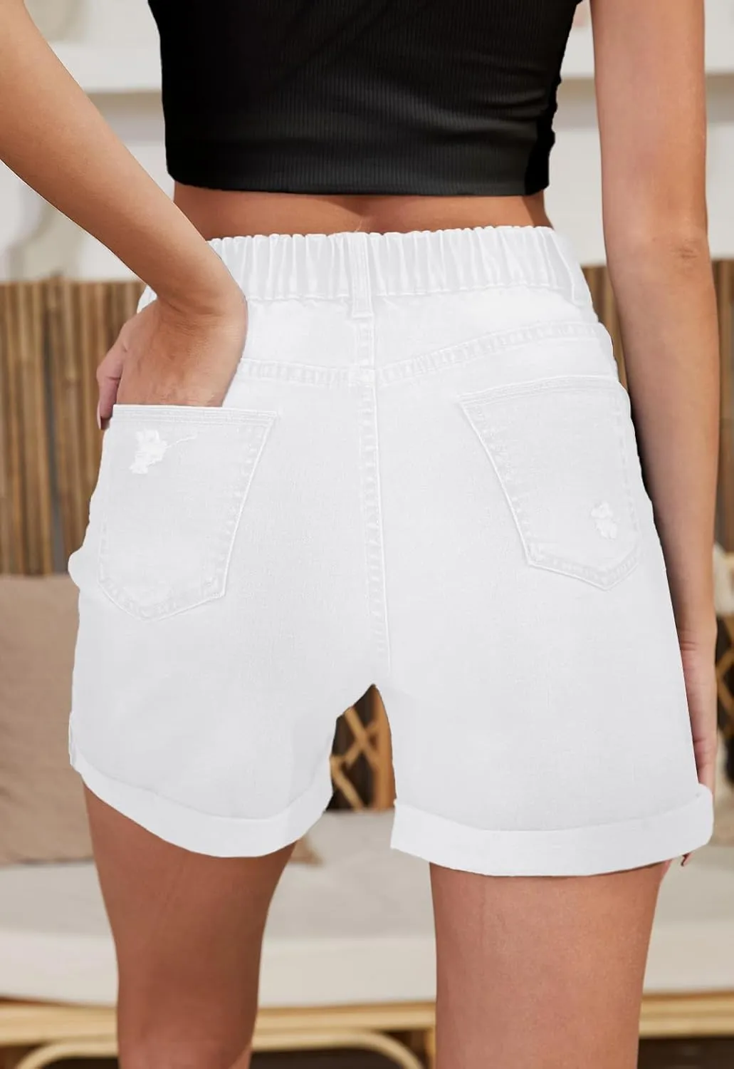 Women's Jean Shorts High Waisted Folded Hem Stretchy Denim Shorts Casual Summer Elastic Waist Shorts