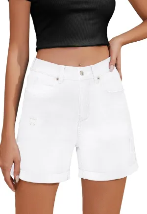 Women's Jean Shorts High Waisted Folded Hem Stretchy Denim Shorts Casual Summer Elastic Waist Shorts