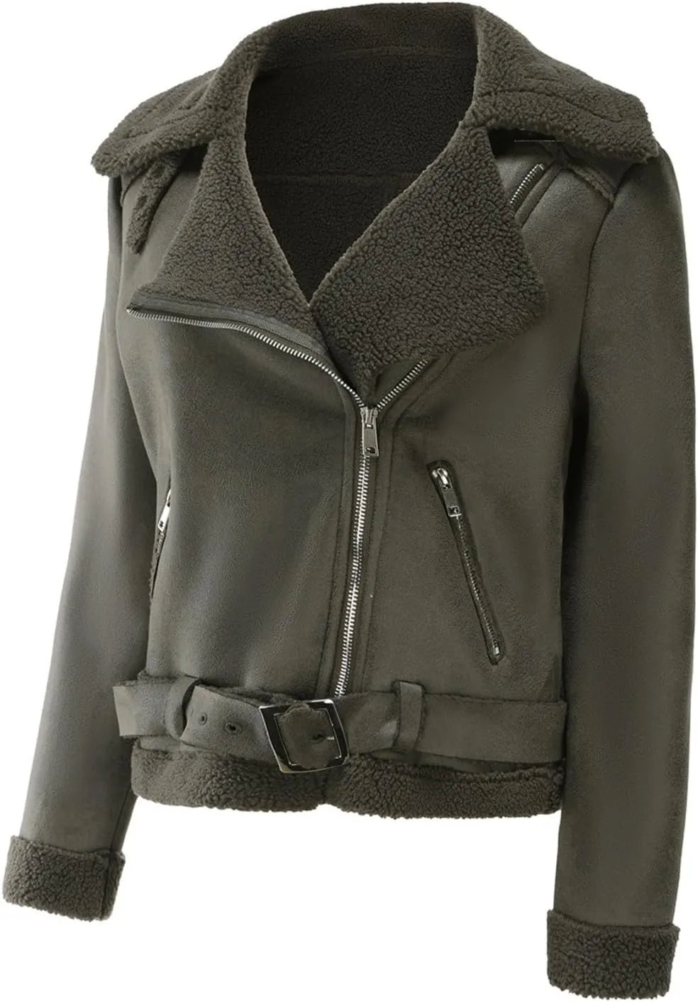 Women's Leather Faux Motorcycle Plus Size Moto Biker Coat Fleece Lined Winter Coats Fashion Notch Lapel Fuzzy Outerwear