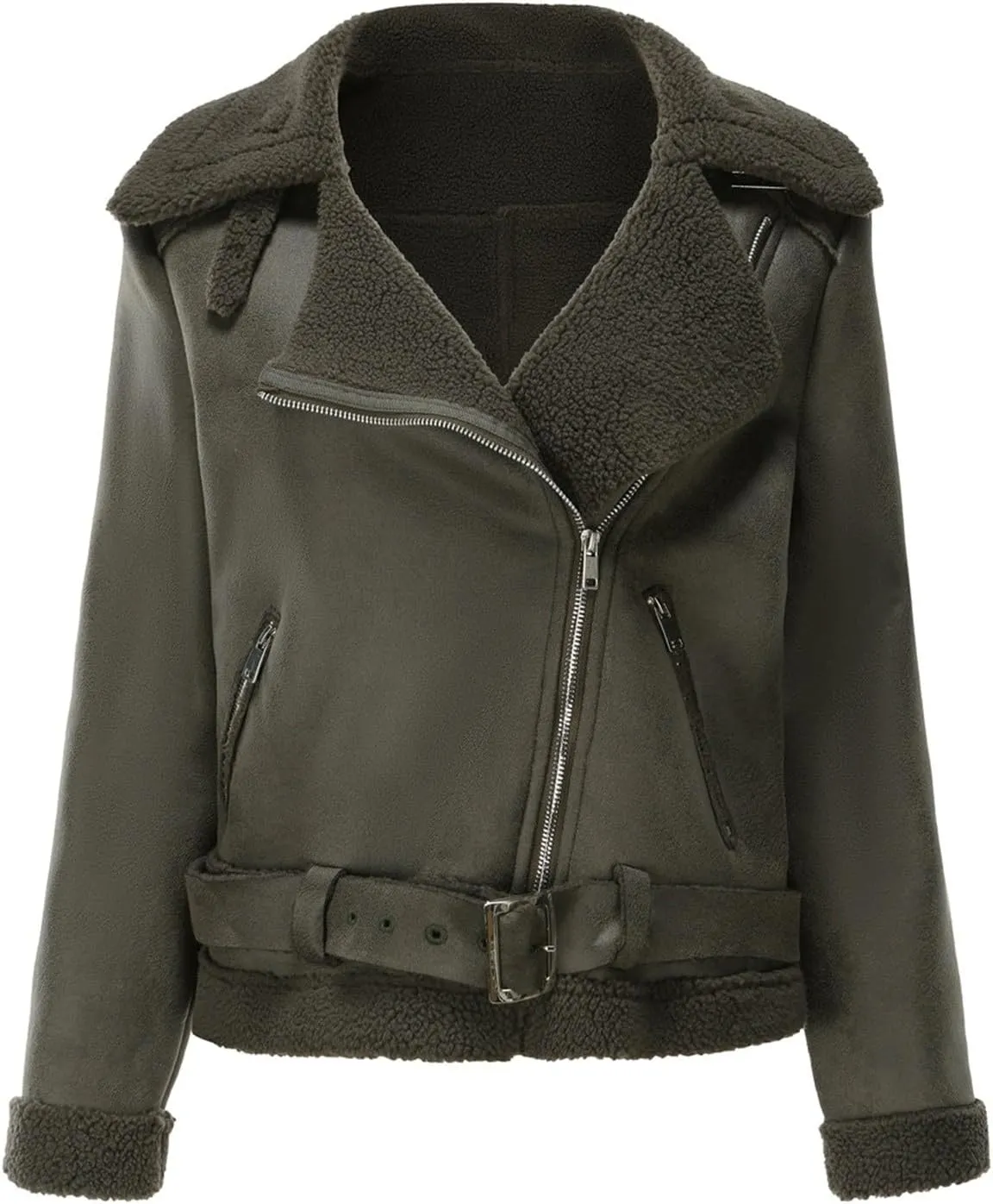 Women's Leather Faux Motorcycle Plus Size Moto Biker Coat Fleece Lined Winter Coats Fashion Notch Lapel Fuzzy Outerwear