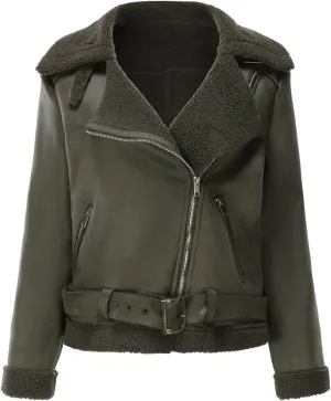 Women's Leather Faux Motorcycle Plus Size Moto Biker Coat Fleece Lined Winter Coats Fashion Notch Lapel Fuzzy Outerwear