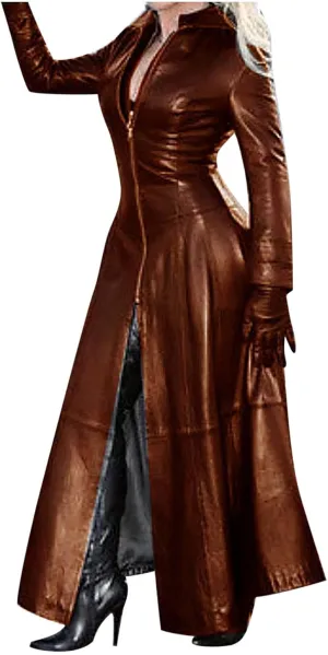 Womens Leather Long Jackets Dress Full Zipper Leather Jacket Coats Fashion Motorcycle Outwear PU Faux Leather Jackets