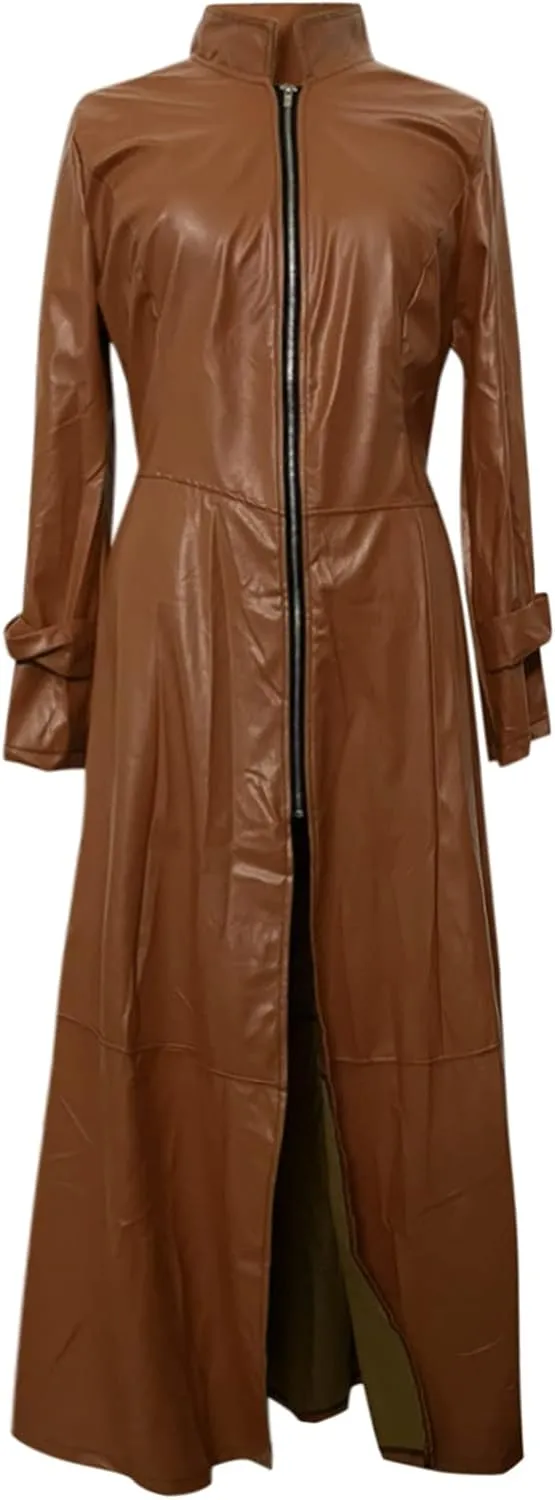 Womens Leather Long Jackets Dress Full Zipper Leather Jacket Coats Fashion Motorcycle Outwear PU Faux Leather Jackets