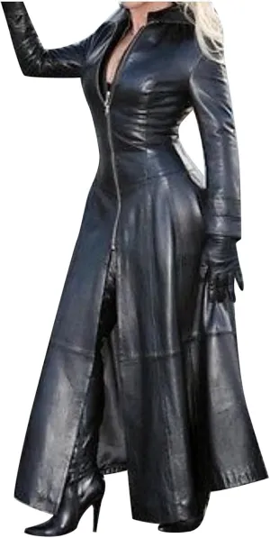 Womens Leather Long Jackets Dress Full Zipper Leather Jacket Coats Fashion Motorcycle Outwear PU Faux Leather Jackets