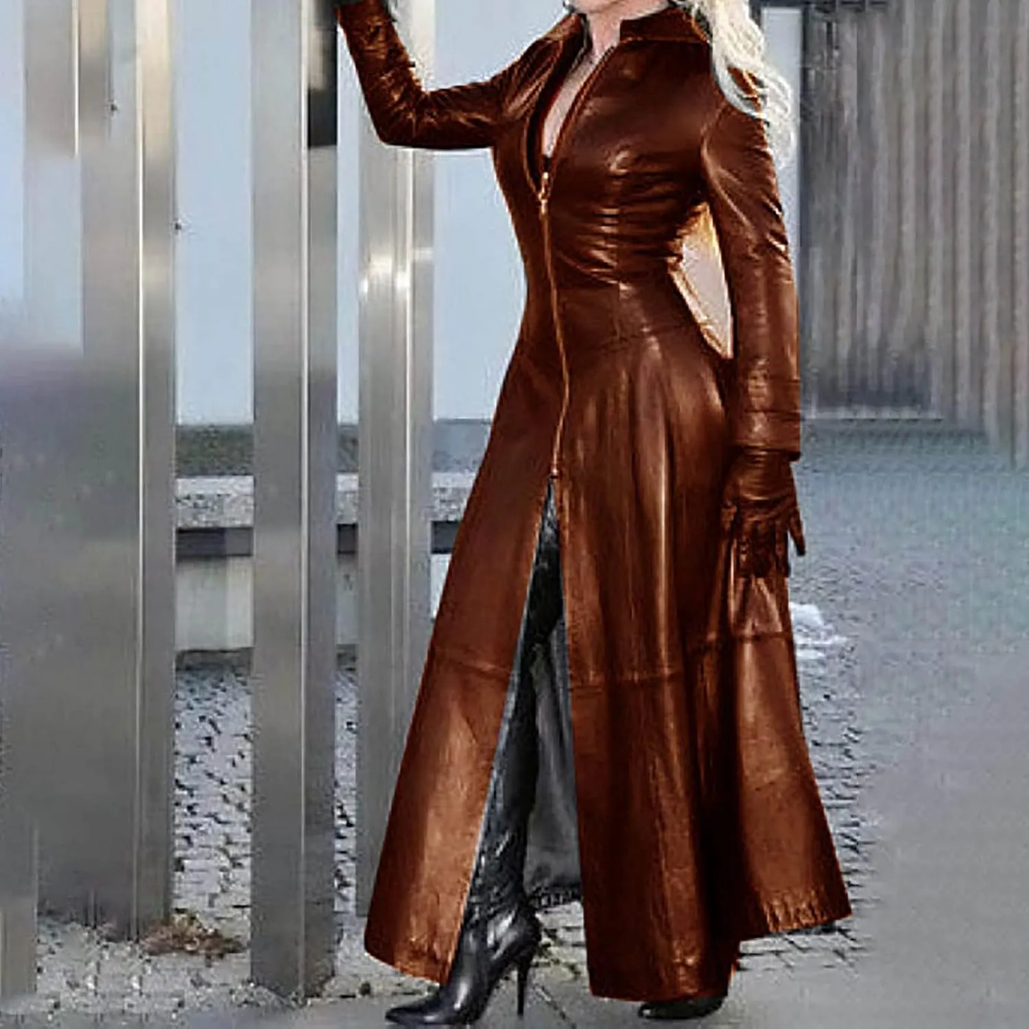 Womens Leather Long Jackets Dress Full Zipper Leather Jacket Coats Fashion Motorcycle Outwear PU Faux Leather Jackets