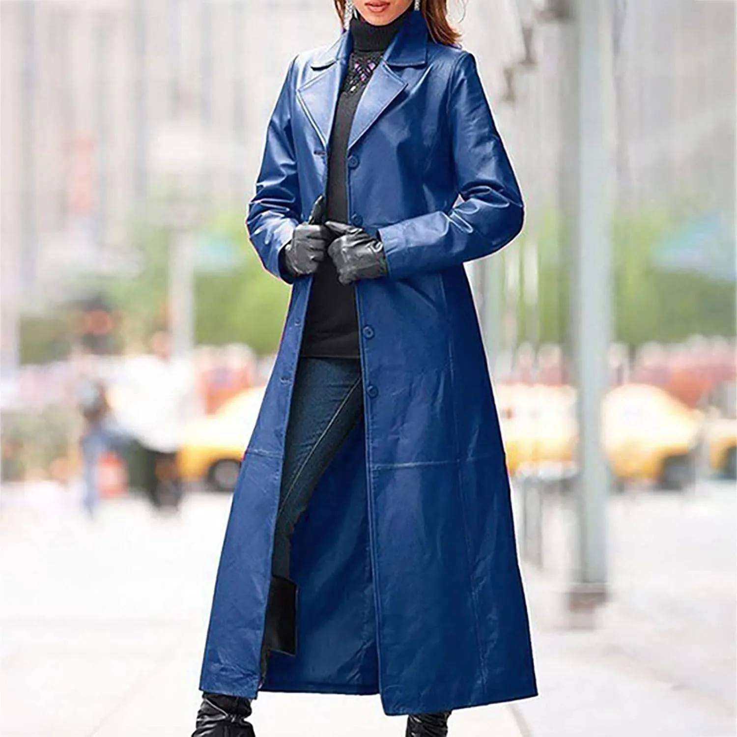 Womens Leather Long Jackets Dress Full Zipper Leather Jacket Coats Fashion Motorcycle Outwear PU Faux Leather Jackets