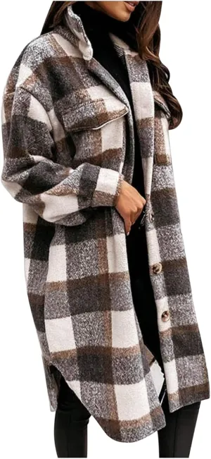Womens Long Flannel Coats Plaid Shacke Oversuits Long Sleeves Suit Collar Casual Button Down Loose Trendy Jackets