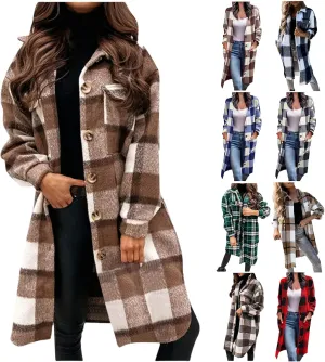 Womens Long Flannel Coats Plaid Shacke Oversuits Long Sleeves Suit Collar Casual Button Down Loose Trendy Jackets
