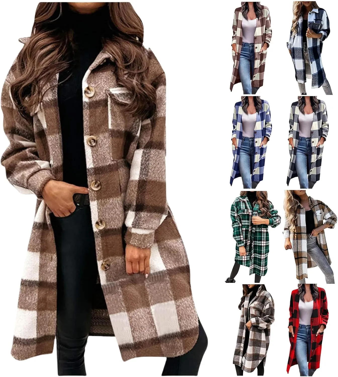 Womens Long Flannel Coats Plaid Shacke Oversuits Long Sleeves Suit Collar Casual Button Down Loose Trendy Jackets