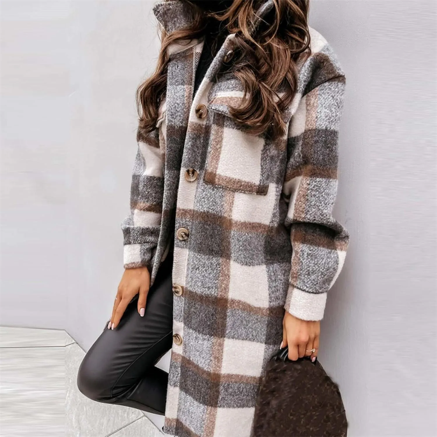 Womens Long Flannel Coats Plaid Shacke Oversuits Long Sleeves Suit Collar Casual Button Down Loose Trendy Jackets